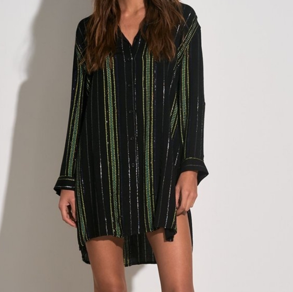 Elan Women's Black/Lime Striped Button-Down Woven Swim Cover-Up Sz Small